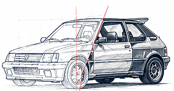 Kresba klasického Peugeotu 205 v technickém stylu