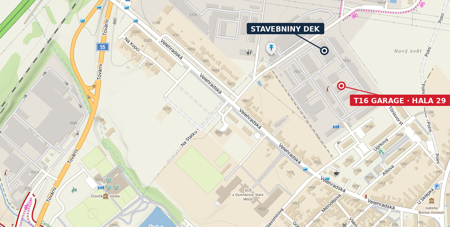 Mapa Starého Města s Velehradskou ulicí a orientačním označením stavebnin DEK a haly T16 Garage číslo 29